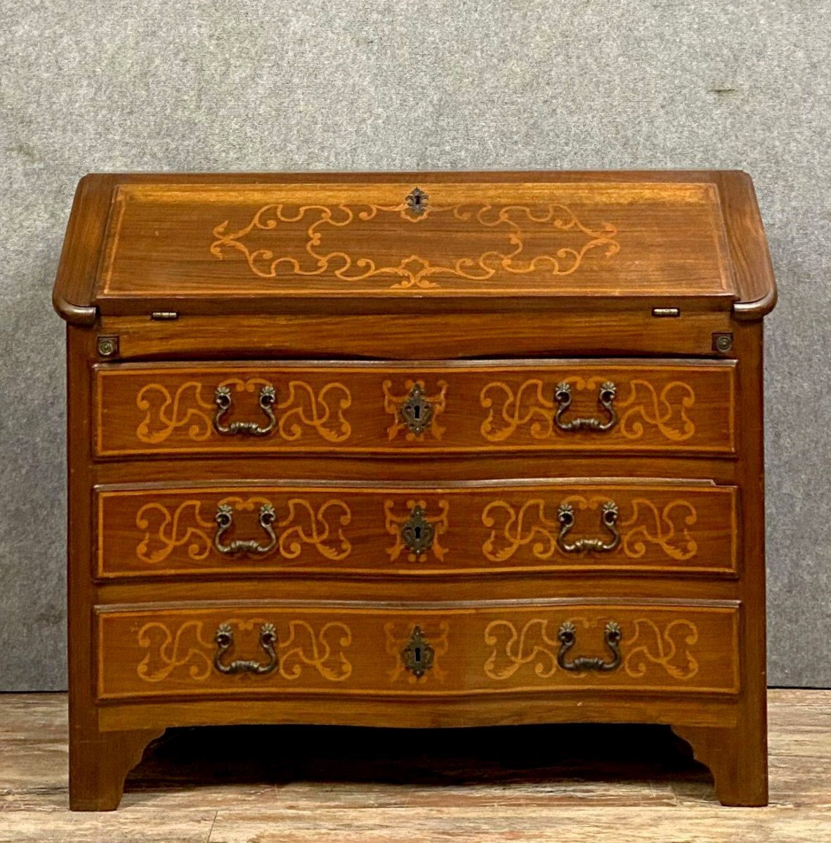 Louis XV Curved Marquetry Scriban Chest Of Drawers-photo-5