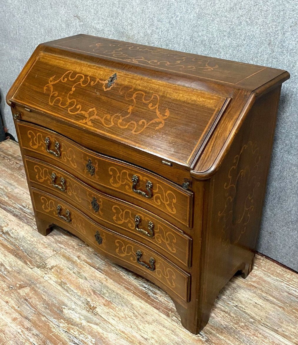 Louis XV Curved Marquetry Scriban Chest Of Drawers