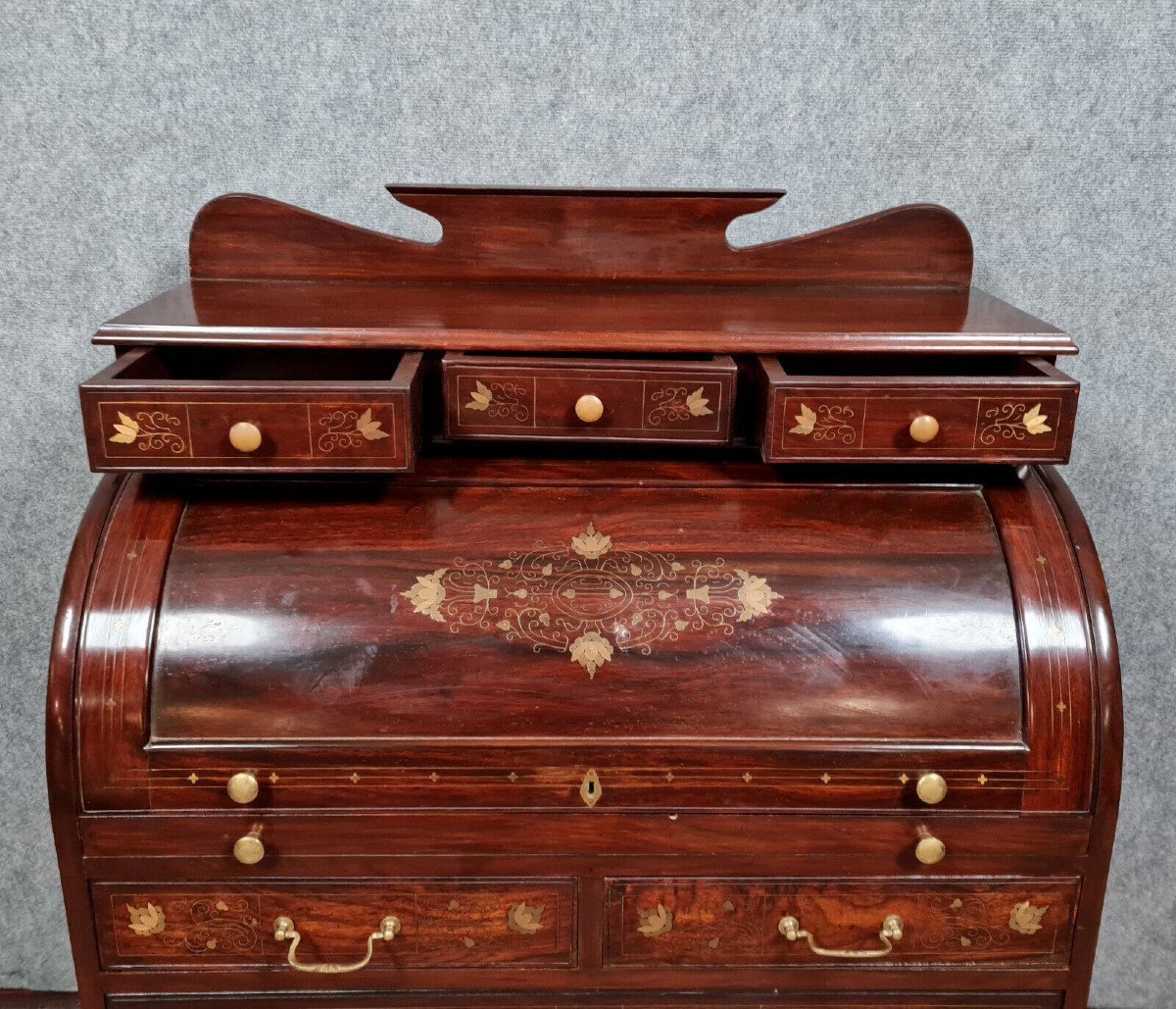 Cylinder Desk In Mahogany And Inlaid Marquetry -photo-1