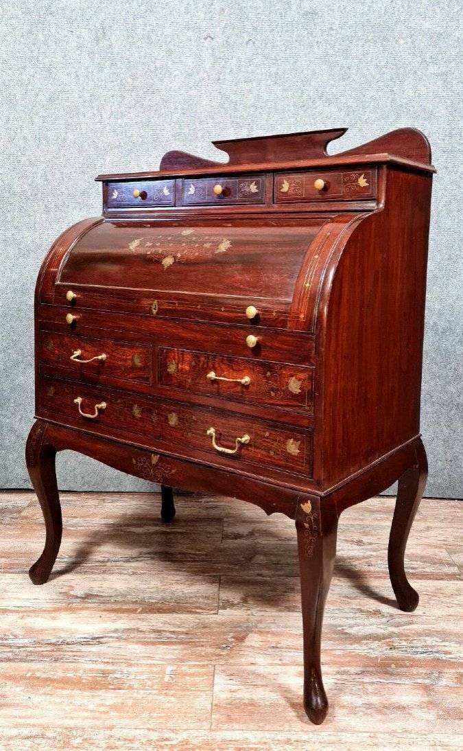 Cylinder Desk In Mahogany And Inlaid Marquetry -photo-3