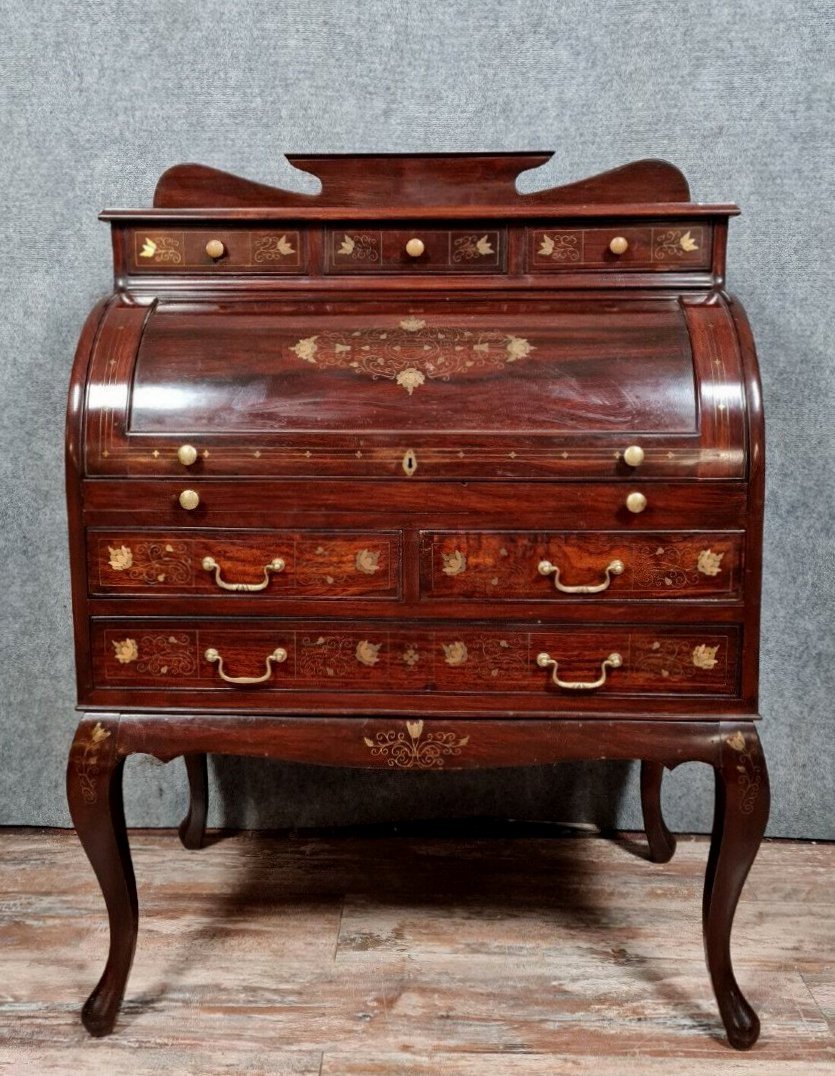 Cylinder Desk In Mahogany And Inlaid Marquetry -photo-4