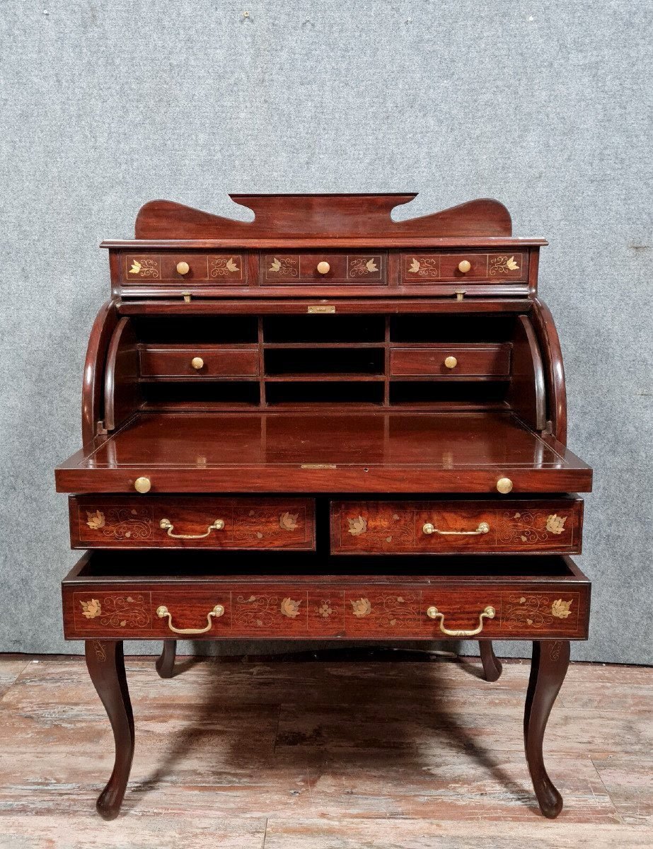 Cylinder Desk In Mahogany And Inlaid Marquetry -photo-5