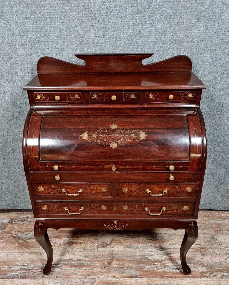 Cylinder Desk In Mahogany And Inlaid Marquetry 