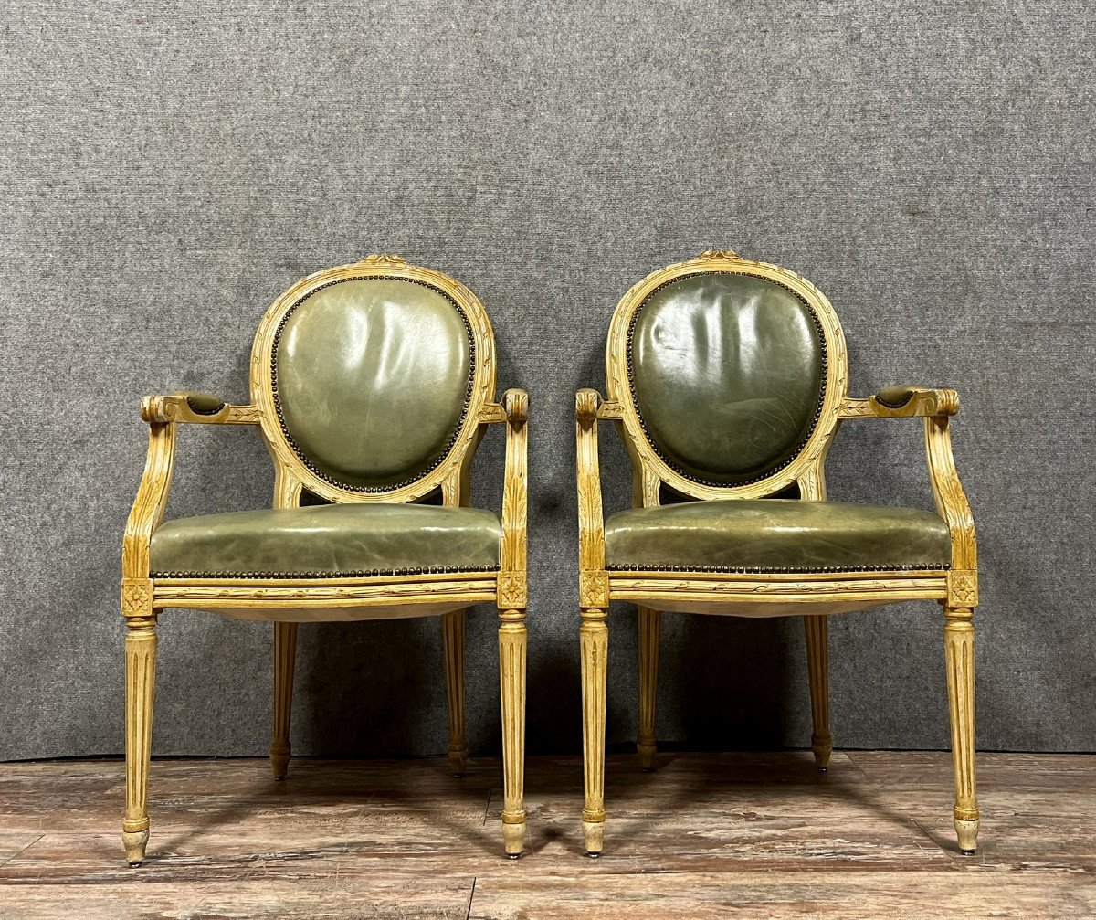 Paire De Fauteuils Cabriolets Louis XVI à Dossiers Médaillon En Bois Cérusé