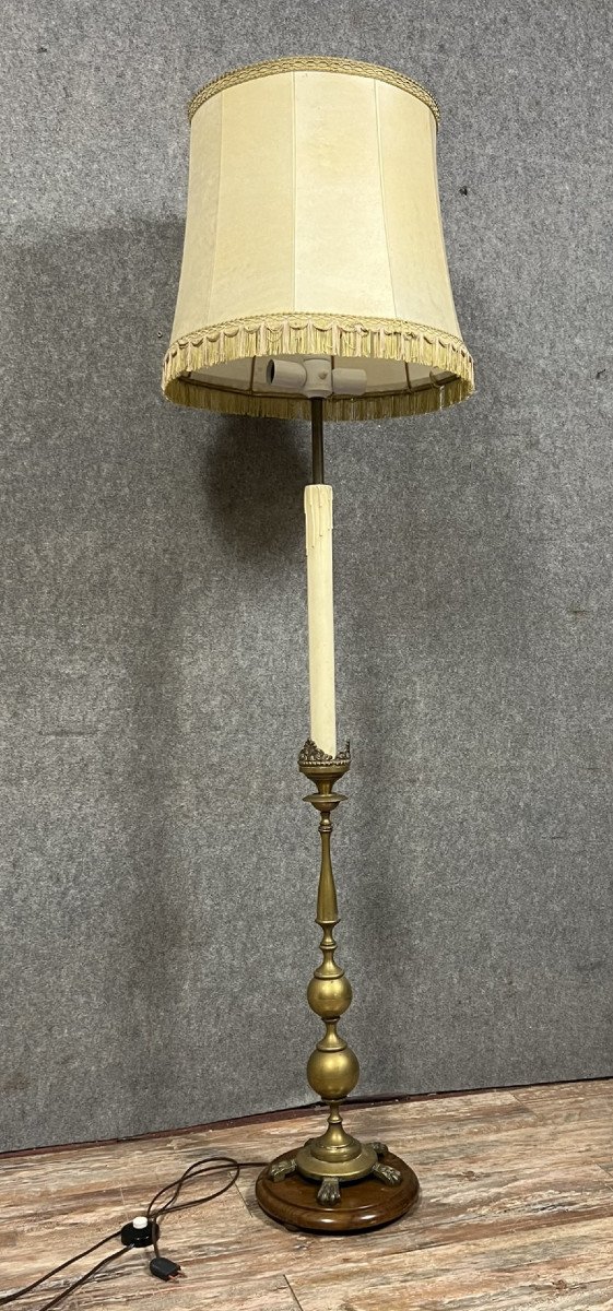 Très Grand Pique Cierge En Bronze Doré Monté En Lampe / H 192 Cm -photo-1