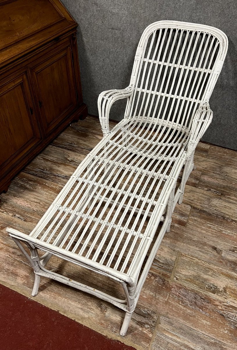 Vintage White Lacquered Rattan Deckchair Or Chaise Longue 1960's  -photo-2