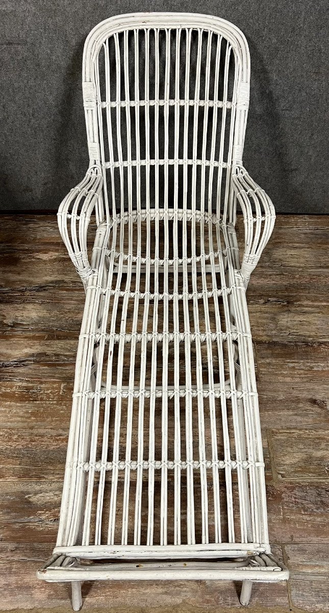 Vintage White Lacquered Rattan Deckchair Or Chaise Longue 1960's  -photo-3