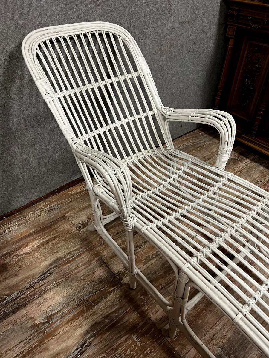 Vintage White Lacquered Rattan Deckchair Or Chaise Longue 1960's  -photo-4