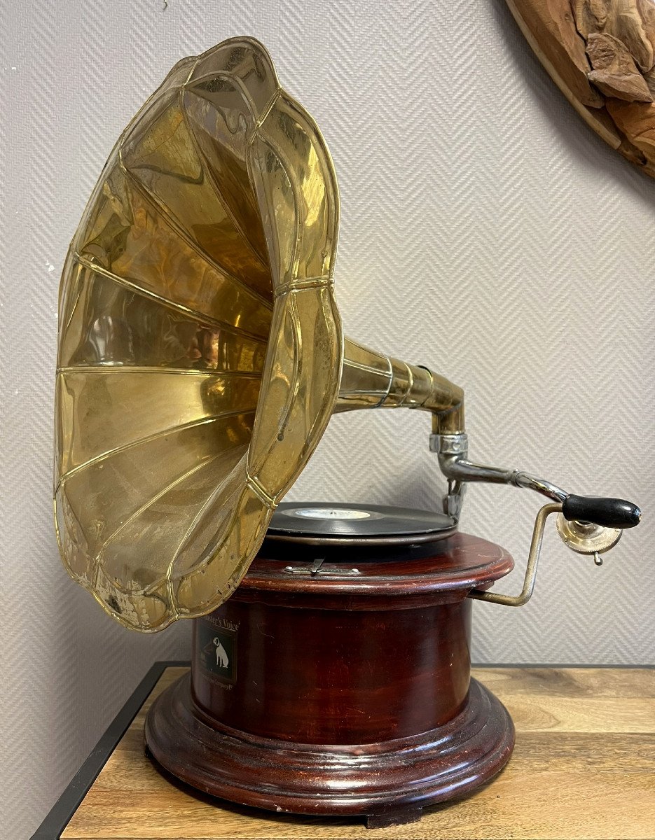 Vintage Hand Crank Gramophone With Gold Brass Bell 1980's