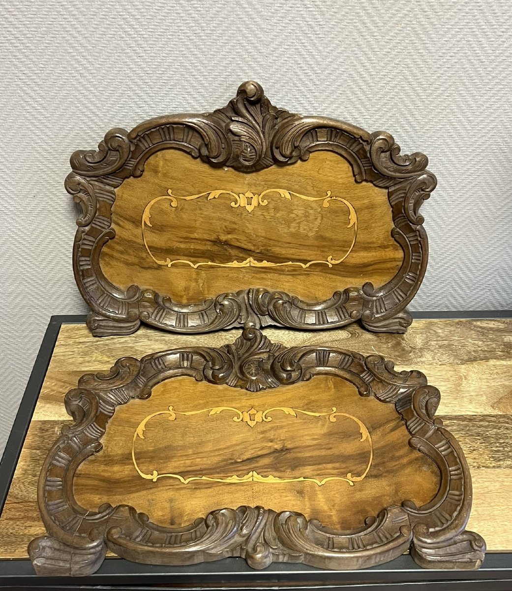 Pair Of Panels / Bas Reliefs / Door Top In Inlaid Wood 