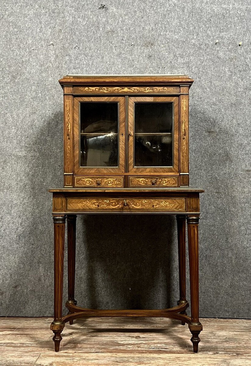 Bureau Bonheur Du Jour De Style Louis XVI En Marqueterie De Bois Précieux -photo-5