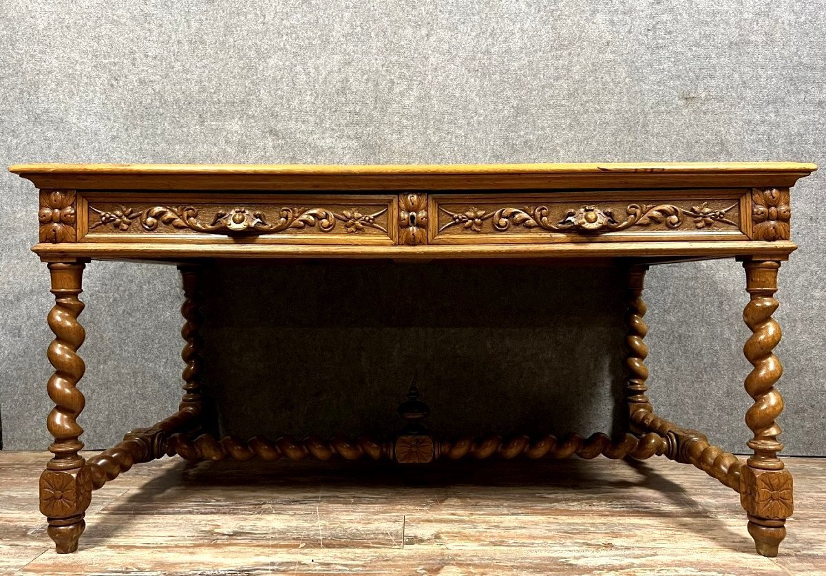 Large Louis XIII Renaissance Style Center Desk In Carved Solid Oak -photo-6