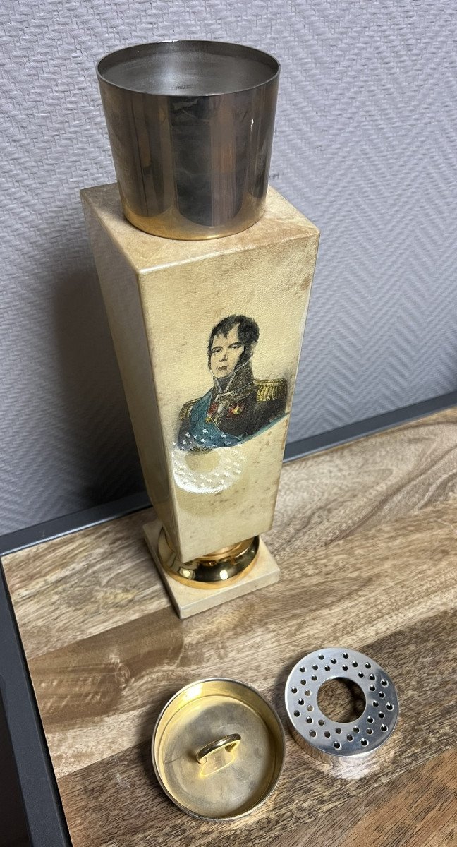 Aldo Tura Italie 1950's : Luxueux Thermos En Parchemin Et Laiton Doré A l'Effigie De Bonaparte-photo-4