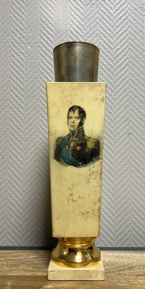 Aldo Tura Italie 1950's : Luxueux Thermos En Parchemin Et Laiton Doré A l'Effigie De Bonaparte