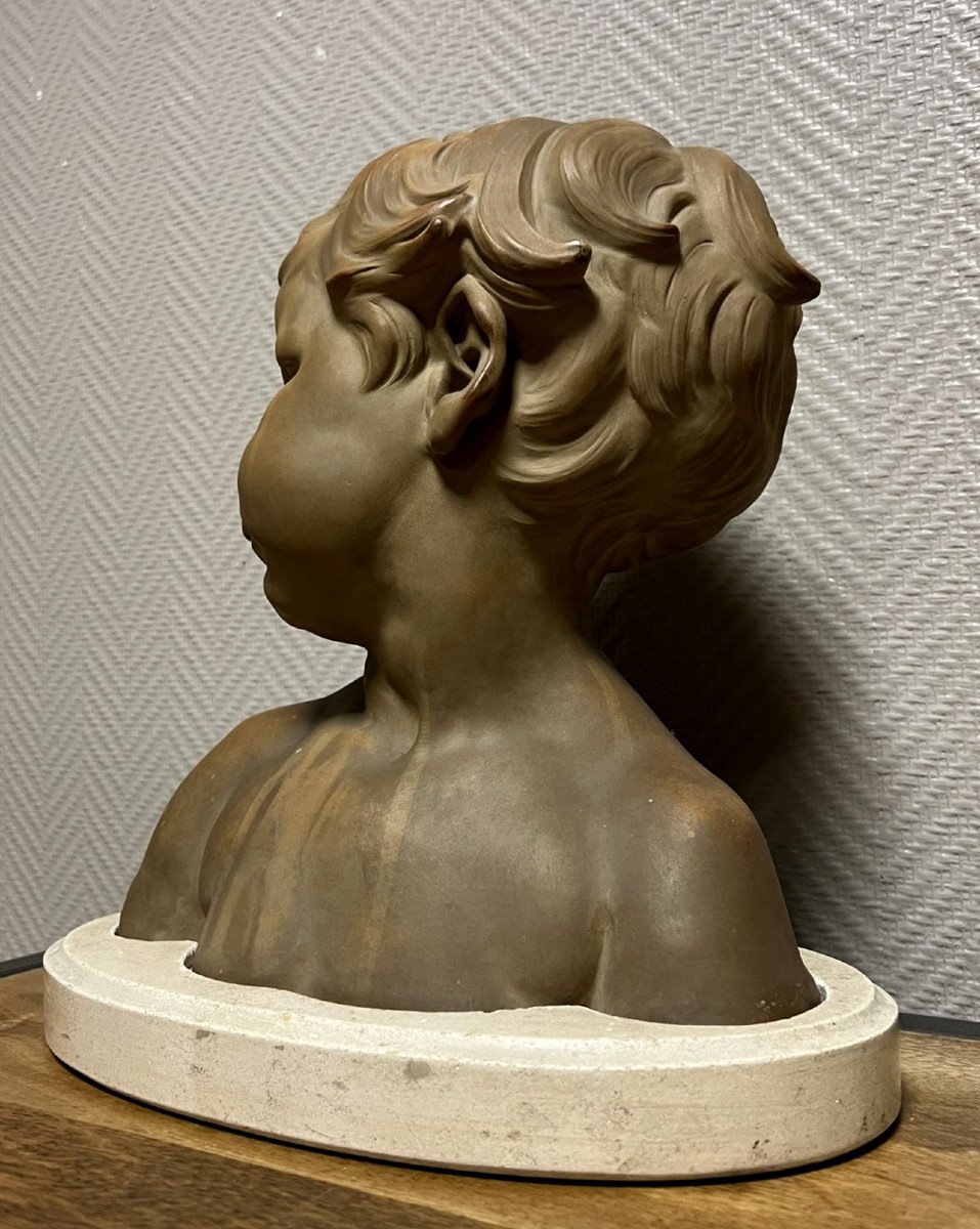  Dalou Aimé Jules (1838 - 1902): Bust Of A Child In Terracotta With Green Patina-photo-1