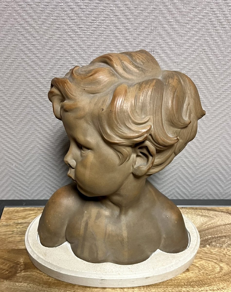  Dalou Aimé Jules (1838 - 1902): Bust Of A Child In Terracotta With Green Patina-photo-2