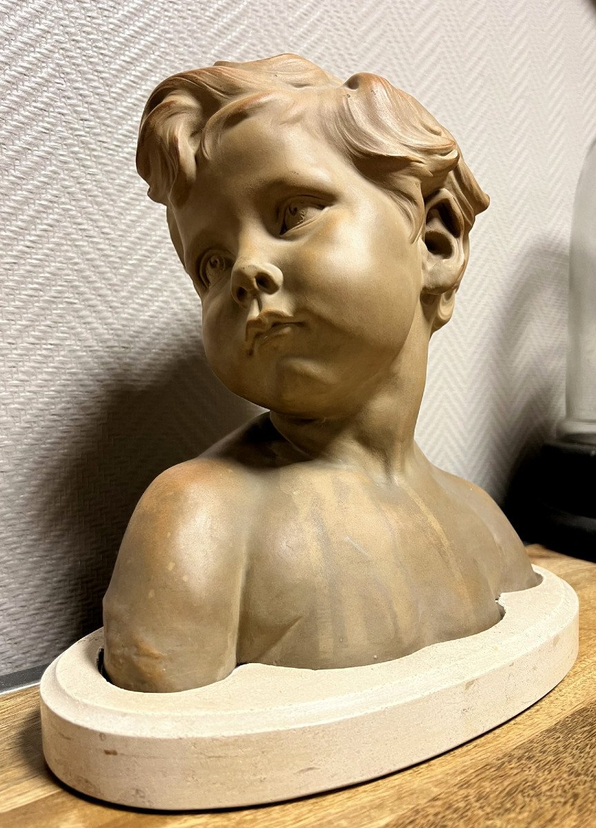  Dalou Aimé Jules (1838 - 1902): Bust Of A Child In Terracotta With Green Patina-photo-3