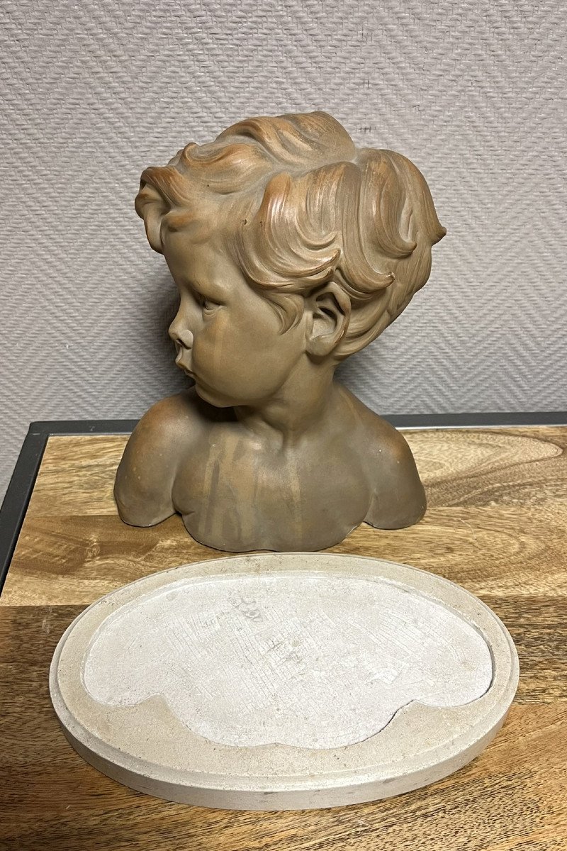  Dalou Aimé Jules (1838 - 1902): Bust Of A Child In Terracotta With Green Patina-photo-4