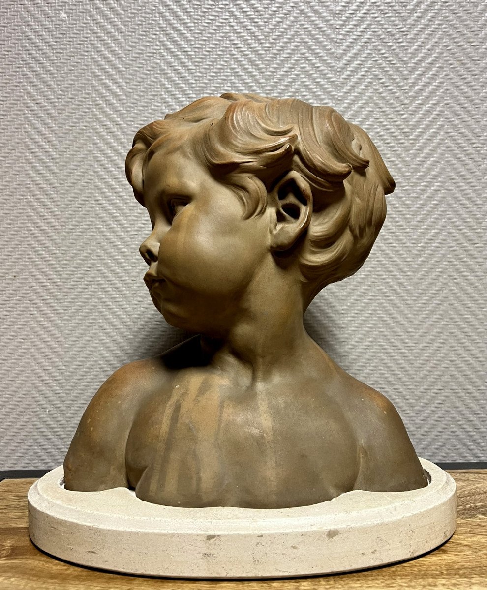  Dalou Aimé Jules (1838 - 1902): Bust Of A Child In Terracotta With Green Patina