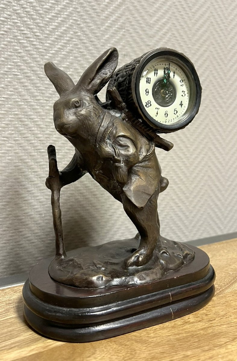 Vintage Bronze Alarm Clock Featuring A Hiking Rabbit -photo-1