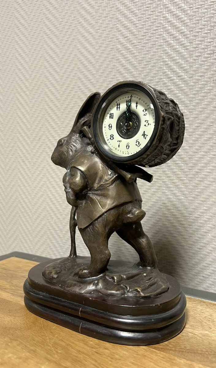 Vintage Bronze Alarm Clock Featuring A Hiking Rabbit -photo-2