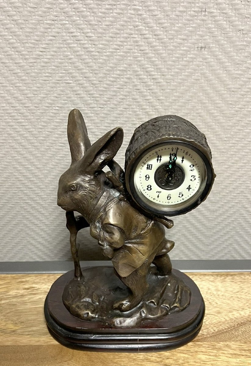 Vintage Bronze Alarm Clock Featuring A Hiking Rabbit -photo-3