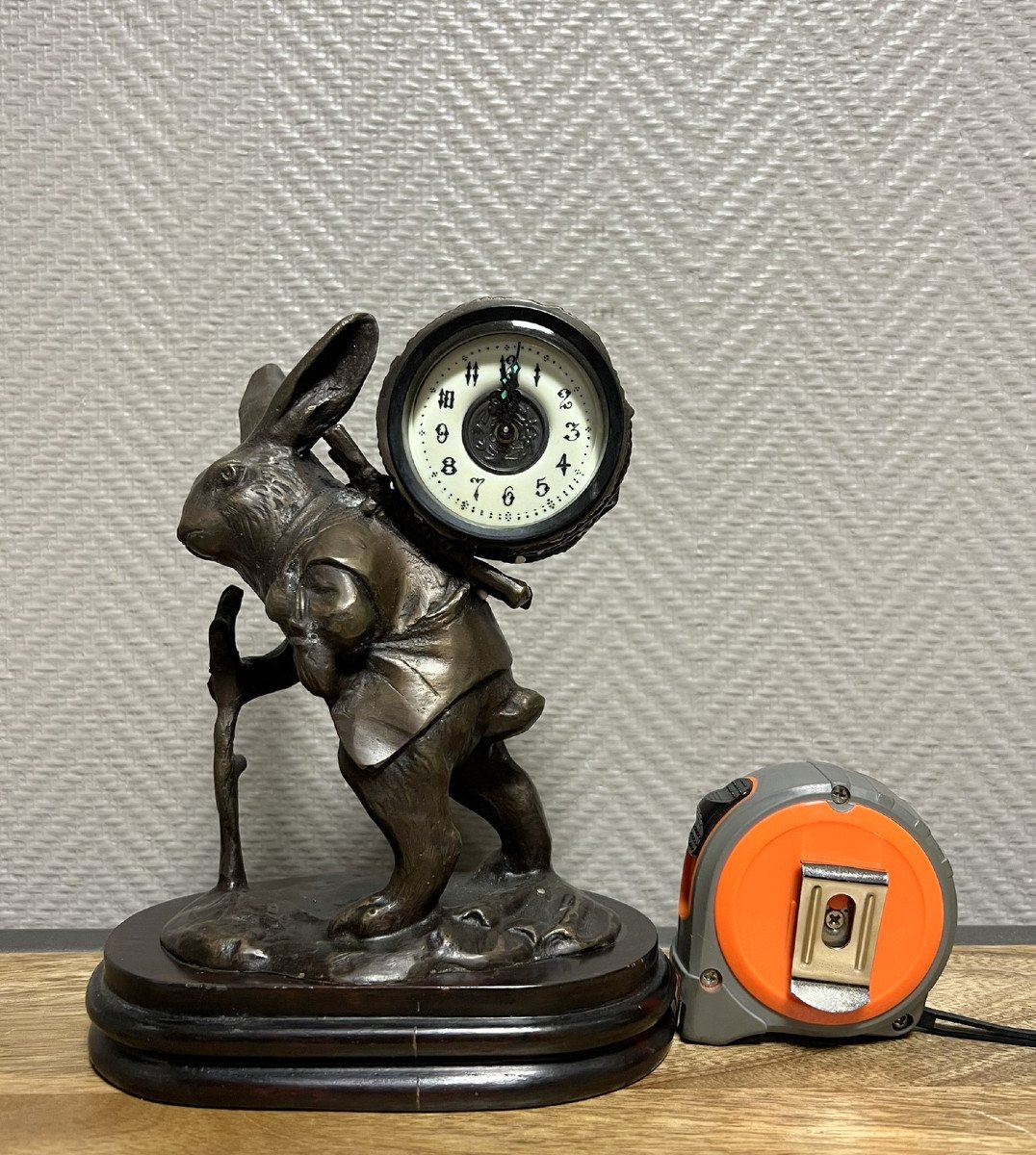 Vintage Bronze Alarm Clock Featuring A Hiking Rabbit -photo-4