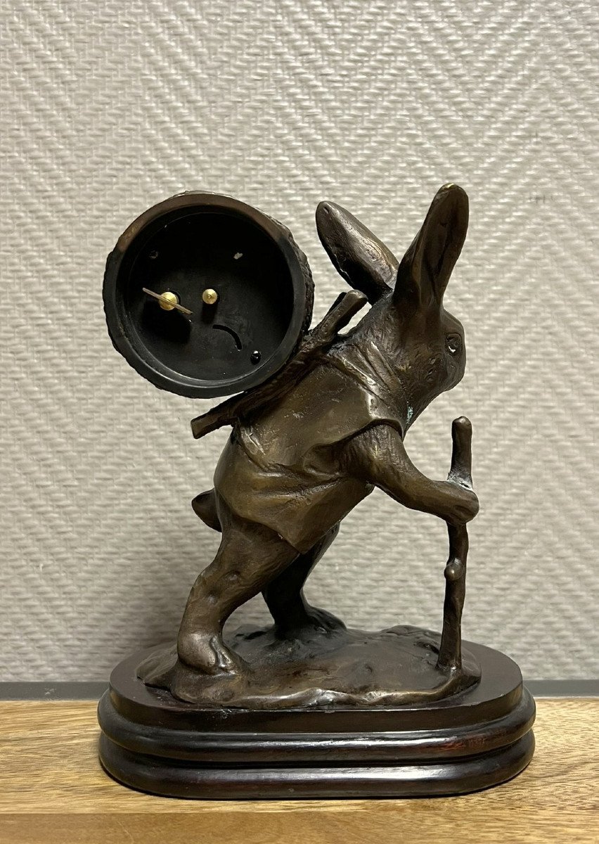 Vintage Bronze Alarm Clock Featuring A Hiking Rabbit -photo-7