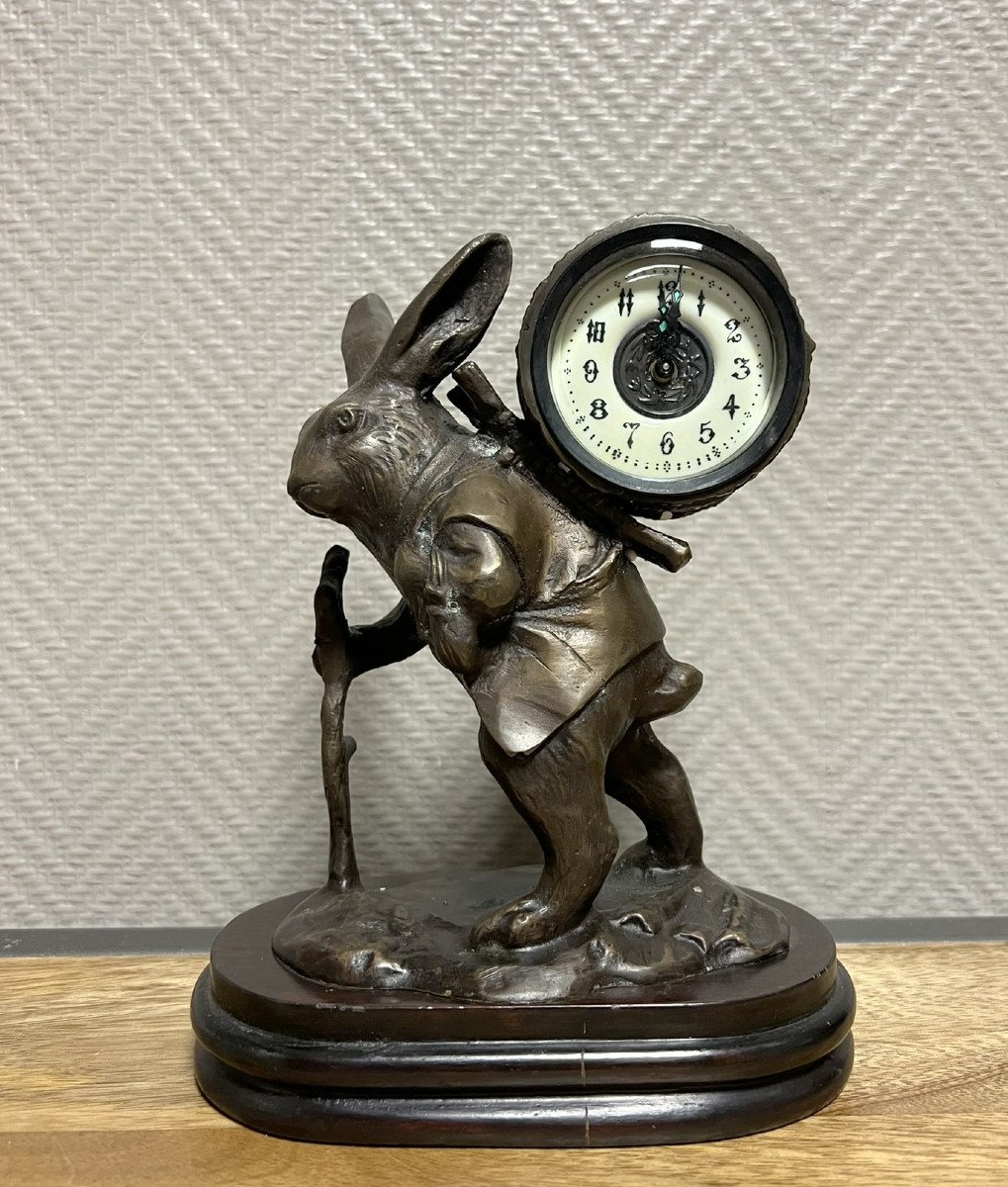 Vintage Bronze Alarm Clock Featuring A Hiking Rabbit 