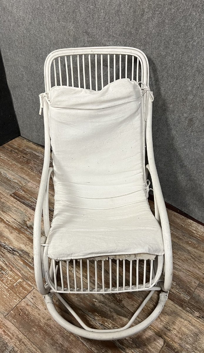 Fauteuil A Bascule Vintage En Rotin Laqué Blanc -photo-2