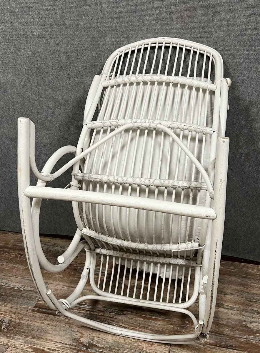 Fauteuil A Bascule Vintage En Rotin Laqué Blanc -photo-5