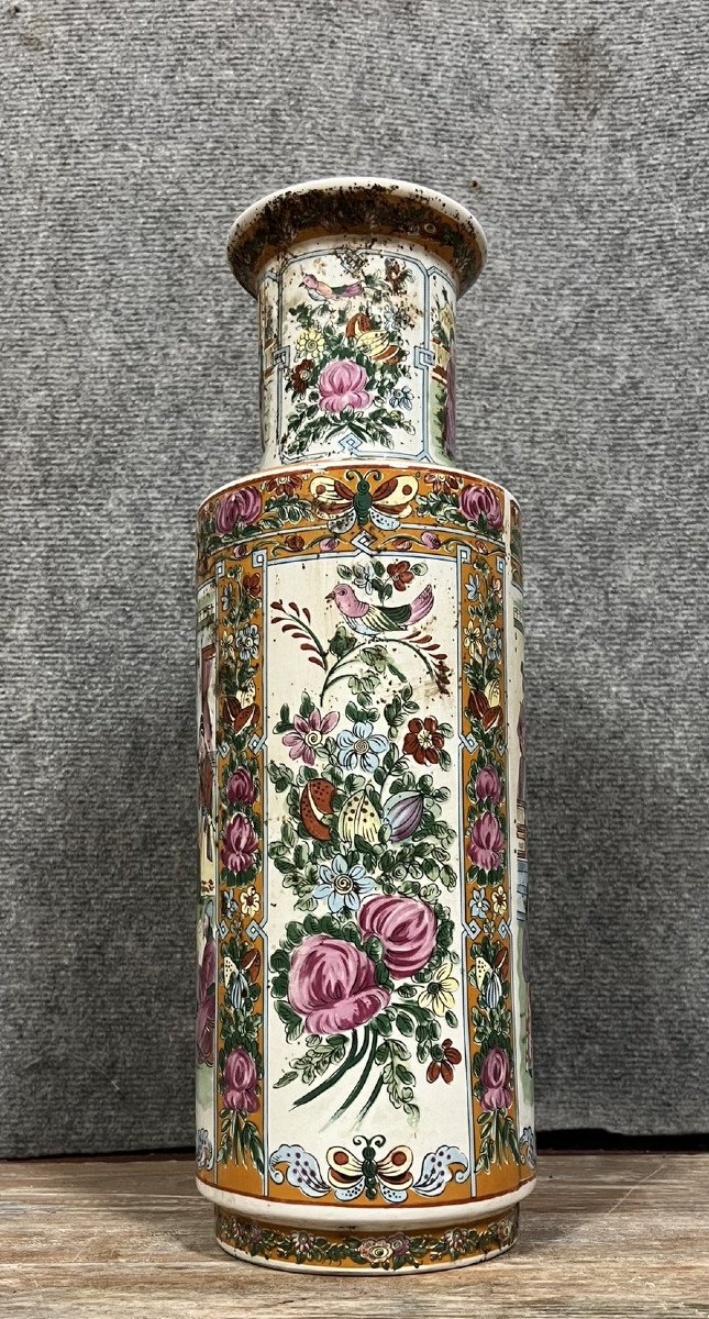 Grand Vase Chinois Forme Rouleau, Style Famille Rose, En Porcelaine -photo-3