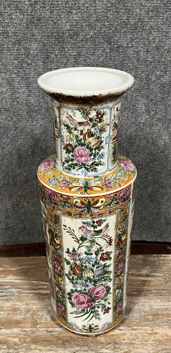 Grand Vase Chinois Forme Rouleau, Style Famille Rose, En Porcelaine -photo-4