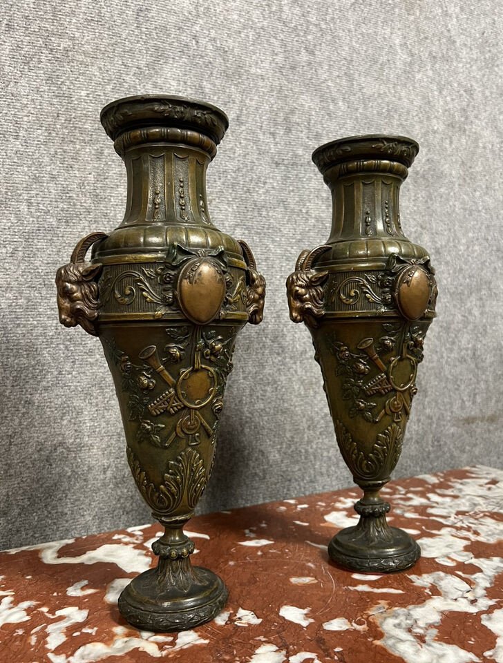 Pair Of Louis XVI Style Ibex Vases In Spelter Metal Circa 1850-photo-1