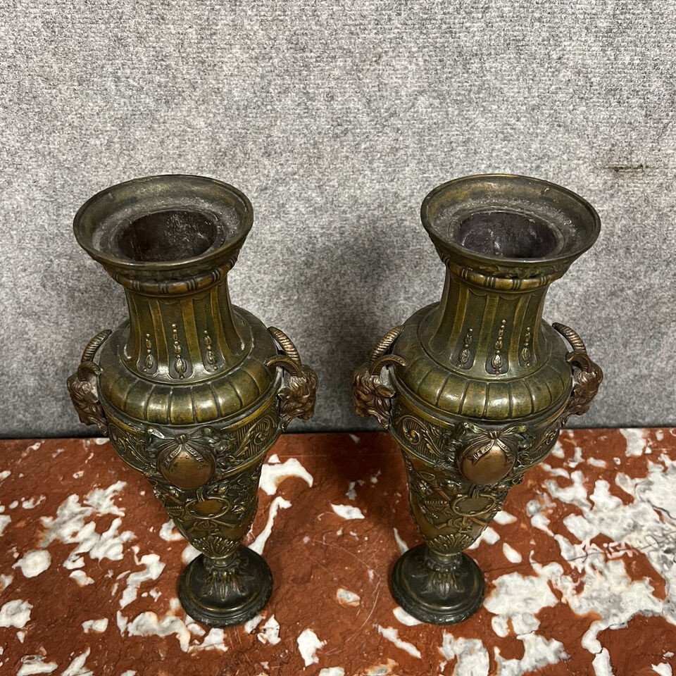 Pair Of Louis XVI Style Ibex Vases In Spelter Metal Circa 1850-photo-2