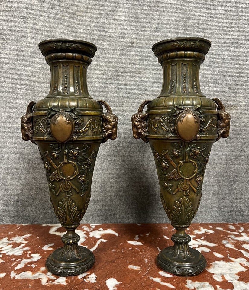 Pair Of Louis XVI Style Ibex Vases In Spelter Metal Circa 1850