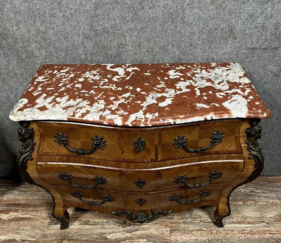 Louis XV Style Chest Of Drawers In Precious Wood Marquetry, Fully Curved-photo-1