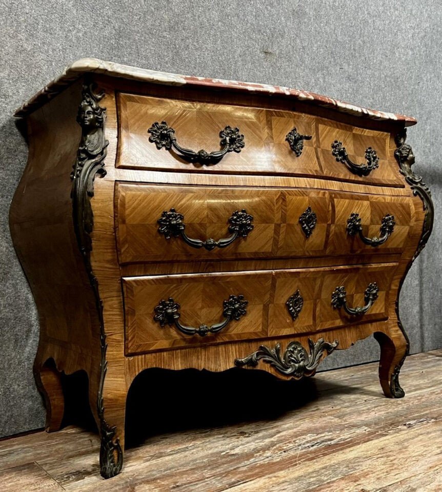 Louis XV Style Chest Of Drawers In Precious Wood Marquetry, Fully Curved-photo-2