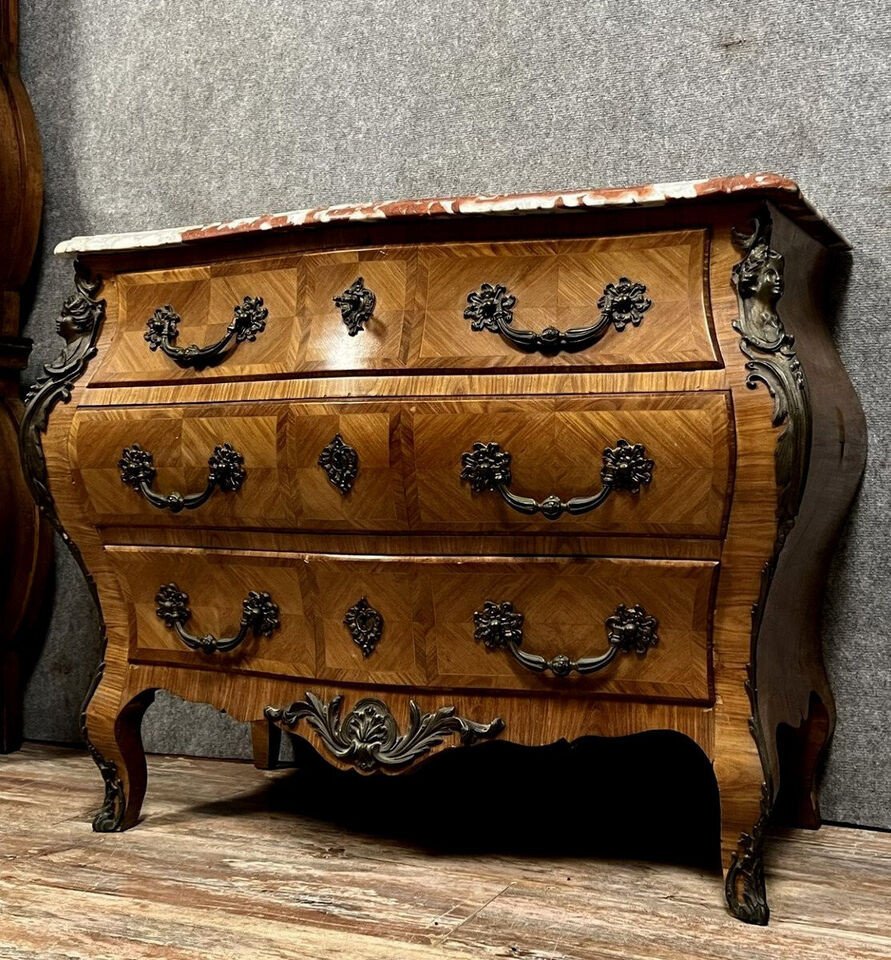 Louis XV Style Chest Of Drawers In Precious Wood Marquetry, Fully Curved-photo-3