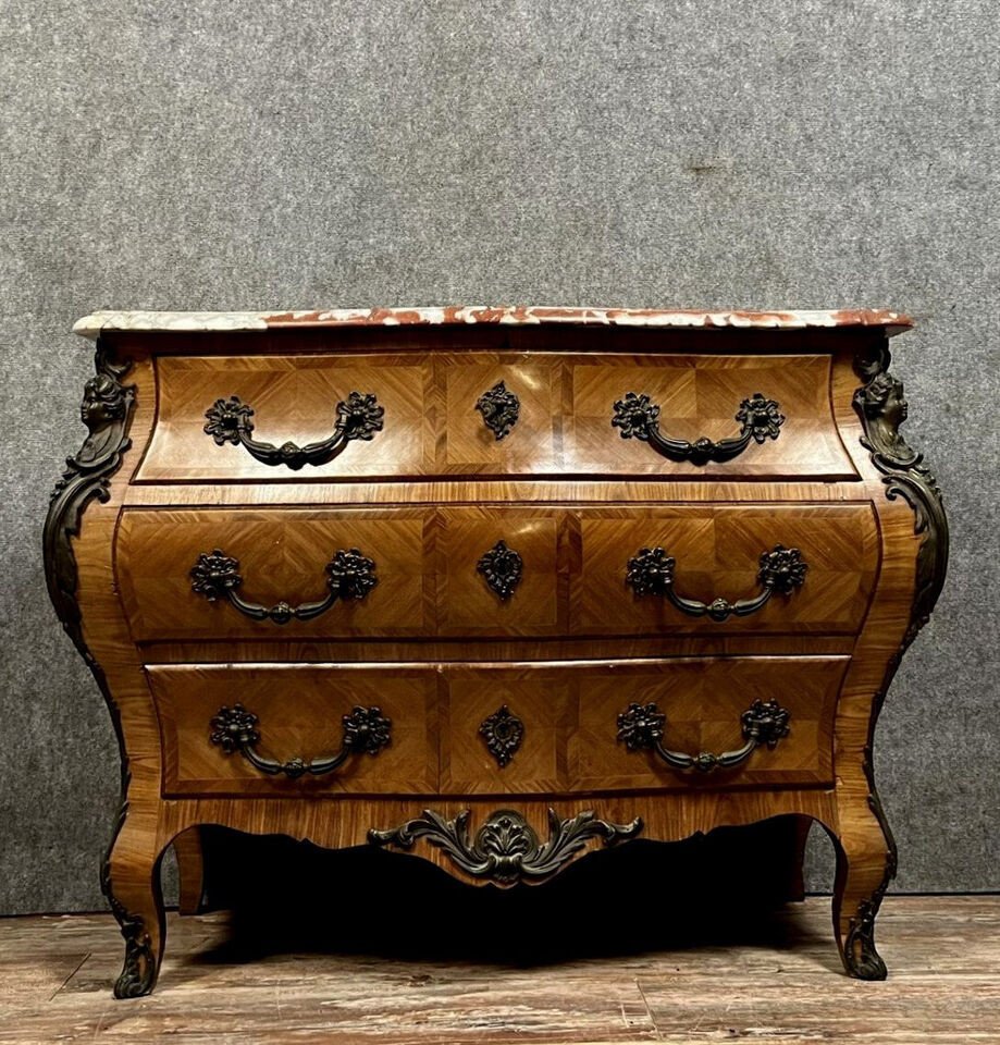 Louis XV Style Chest Of Drawers In Precious Wood Marquetry, Fully Curved