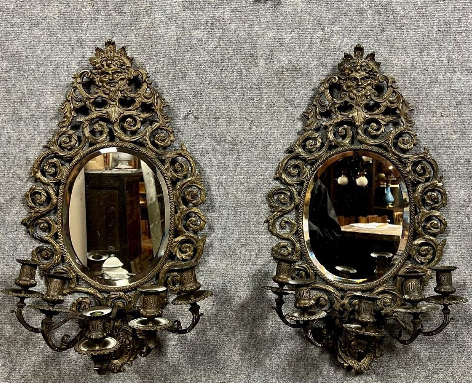 Pair Of Renaissance Style Mirror Back Wall Lights In Chiseled Bronze