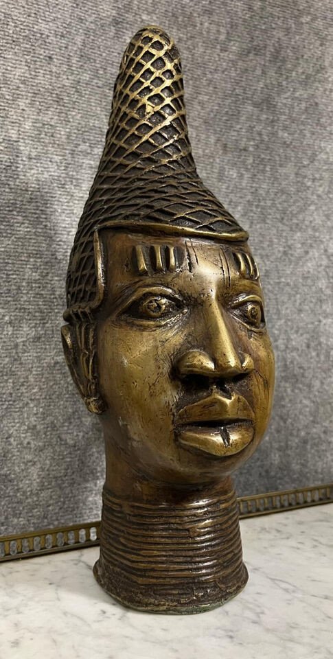 Benin Yoruba Oba Tête De La Reine Idia En Bronze Doré époque Circa 1900-photo-1