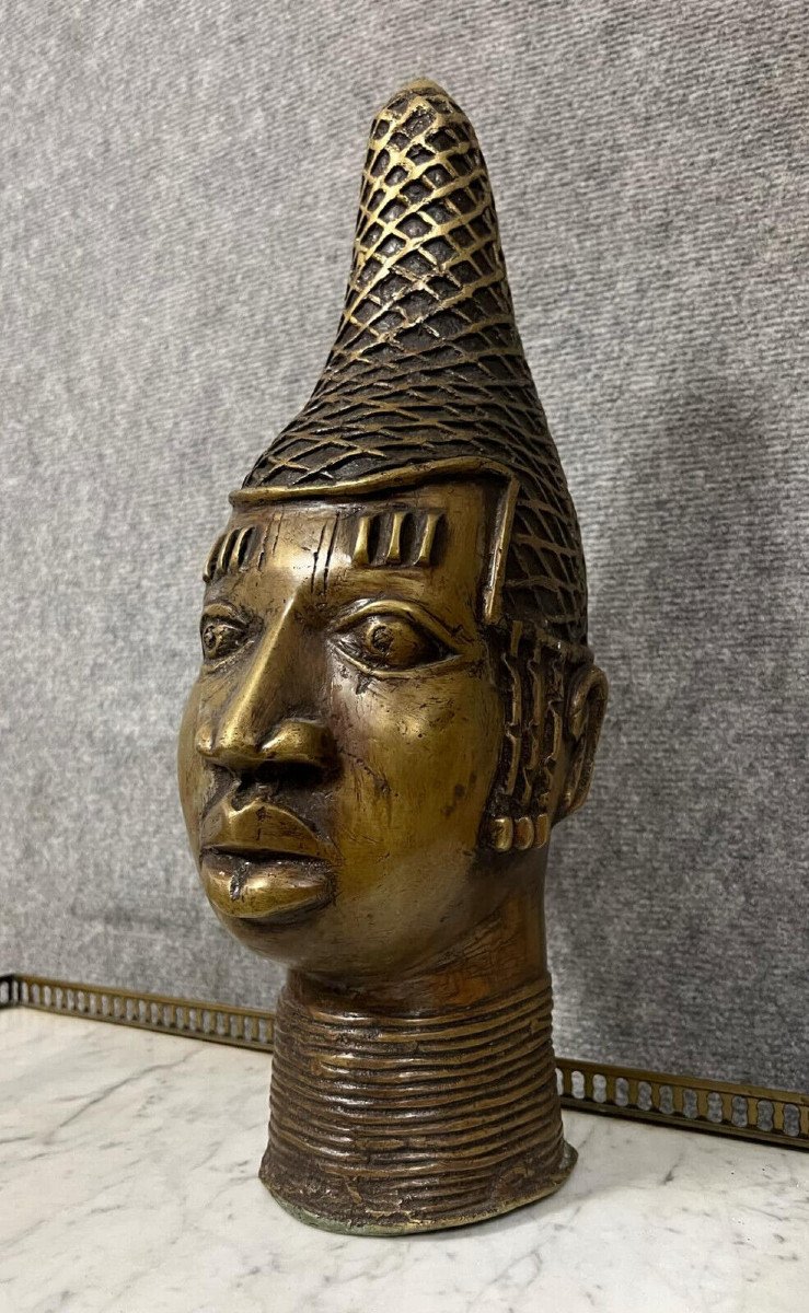 Benin Yoruba Oba Head Of Queen Idia In Gilt Bronze Circa 1900-photo-4