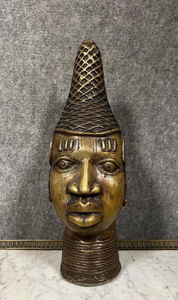 Benin Yoruba Oba Head Of Queen Idia In Gilt Bronze Circa 1900