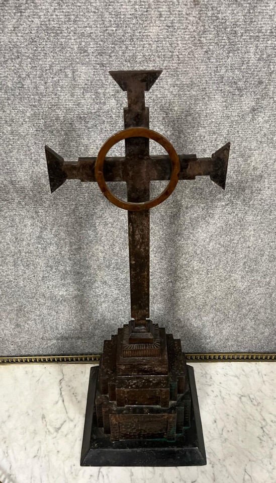 Art Deco Hammered Iron Altar Cross Circa 1930-photo-1