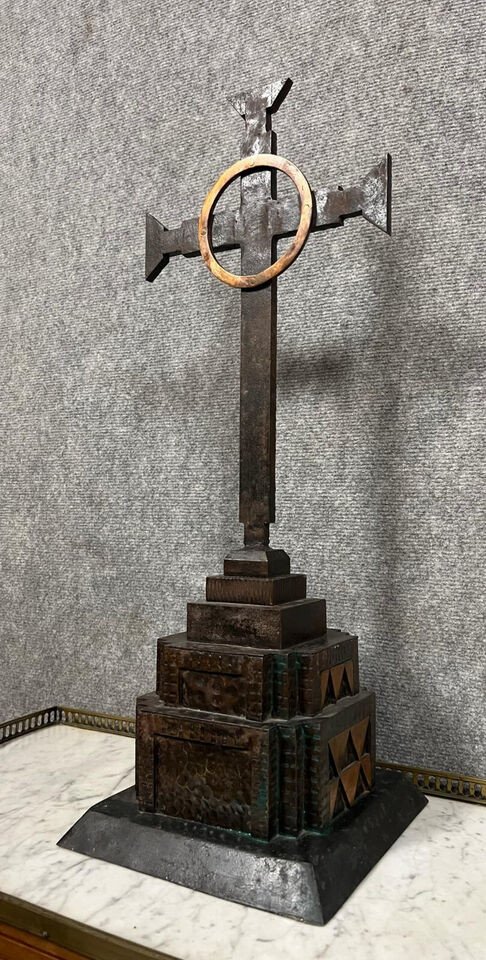 Art Deco Hammered Iron Altar Cross Circa 1930-photo-3