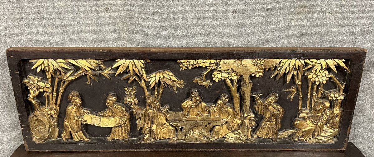 Asia 19th Century: Important Low Relief Panel In Carved, Lacquered And Gilded Wood  -photo-1