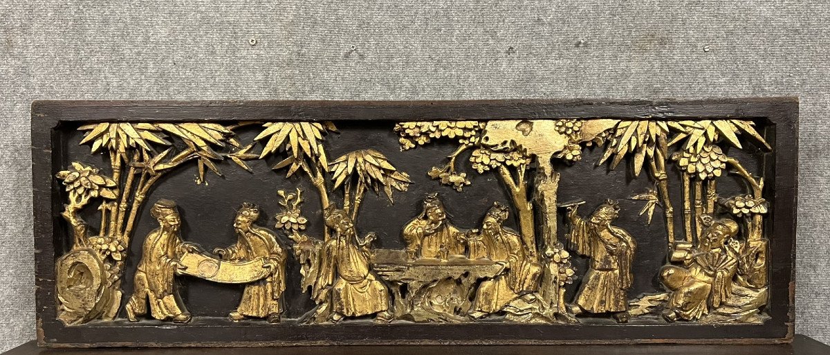 Asia 19th Century: Important Low Relief Panel In Carved, Lacquered And Gilded Wood  