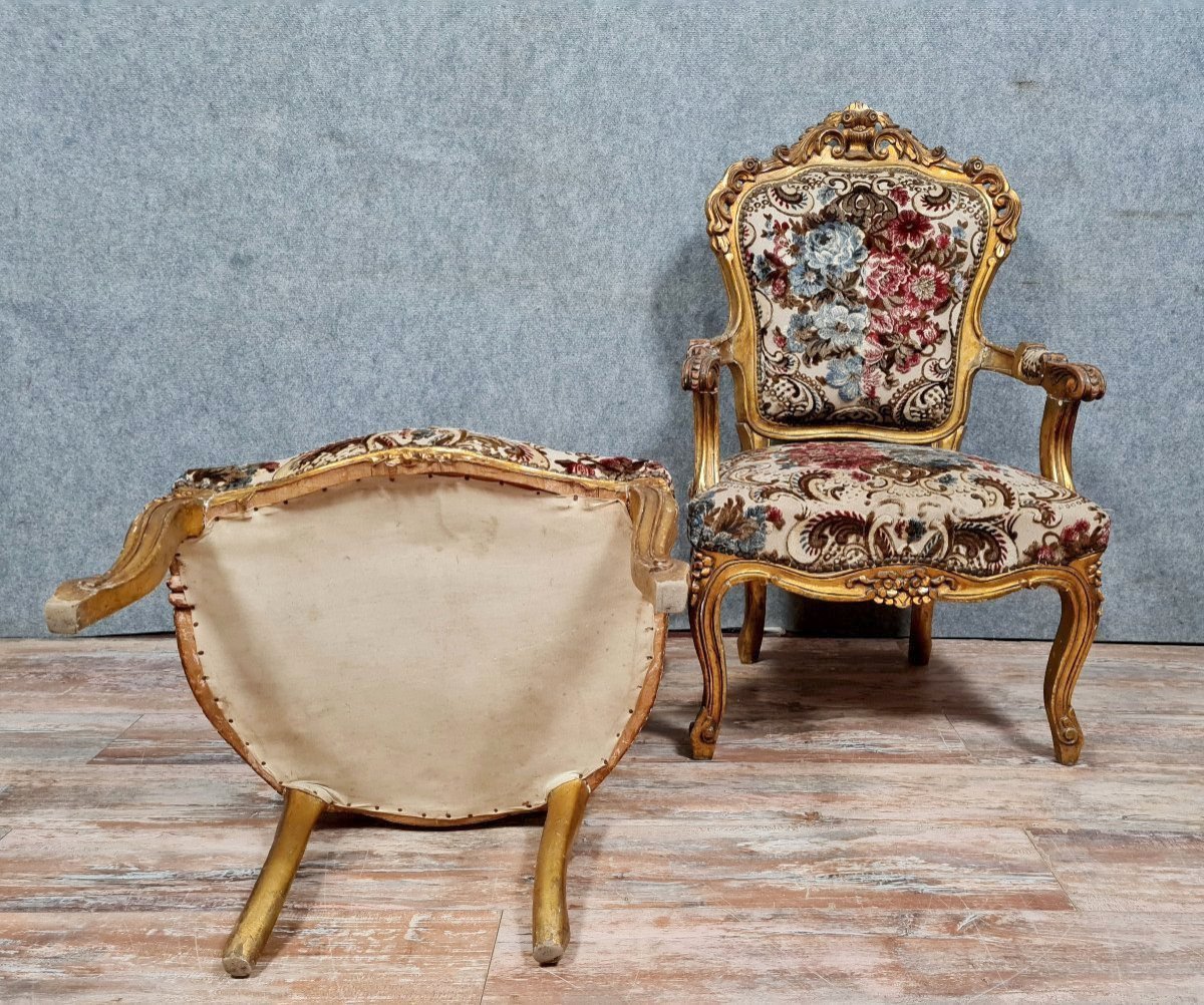 Pair Of Louis XV Style Armchairs In Gilded And Carved Wood -photo-3