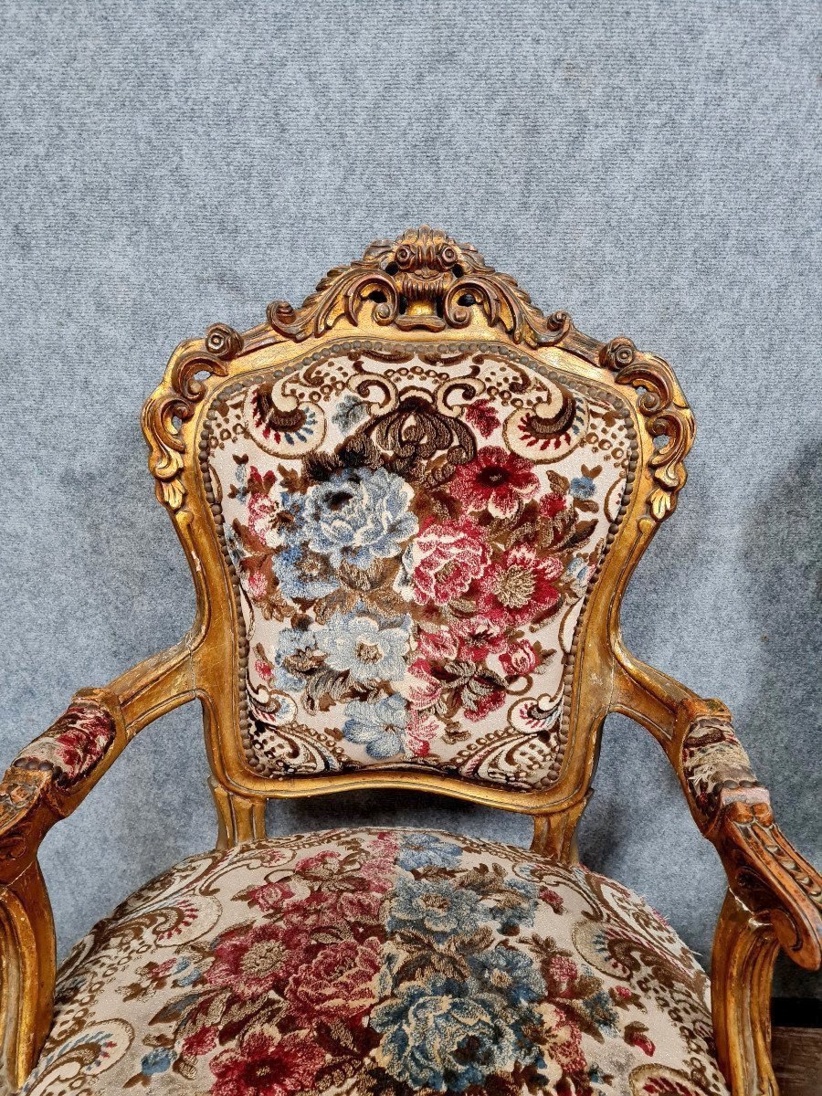 Pair Of Louis XV Style Armchairs In Gilded And Carved Wood -photo-5